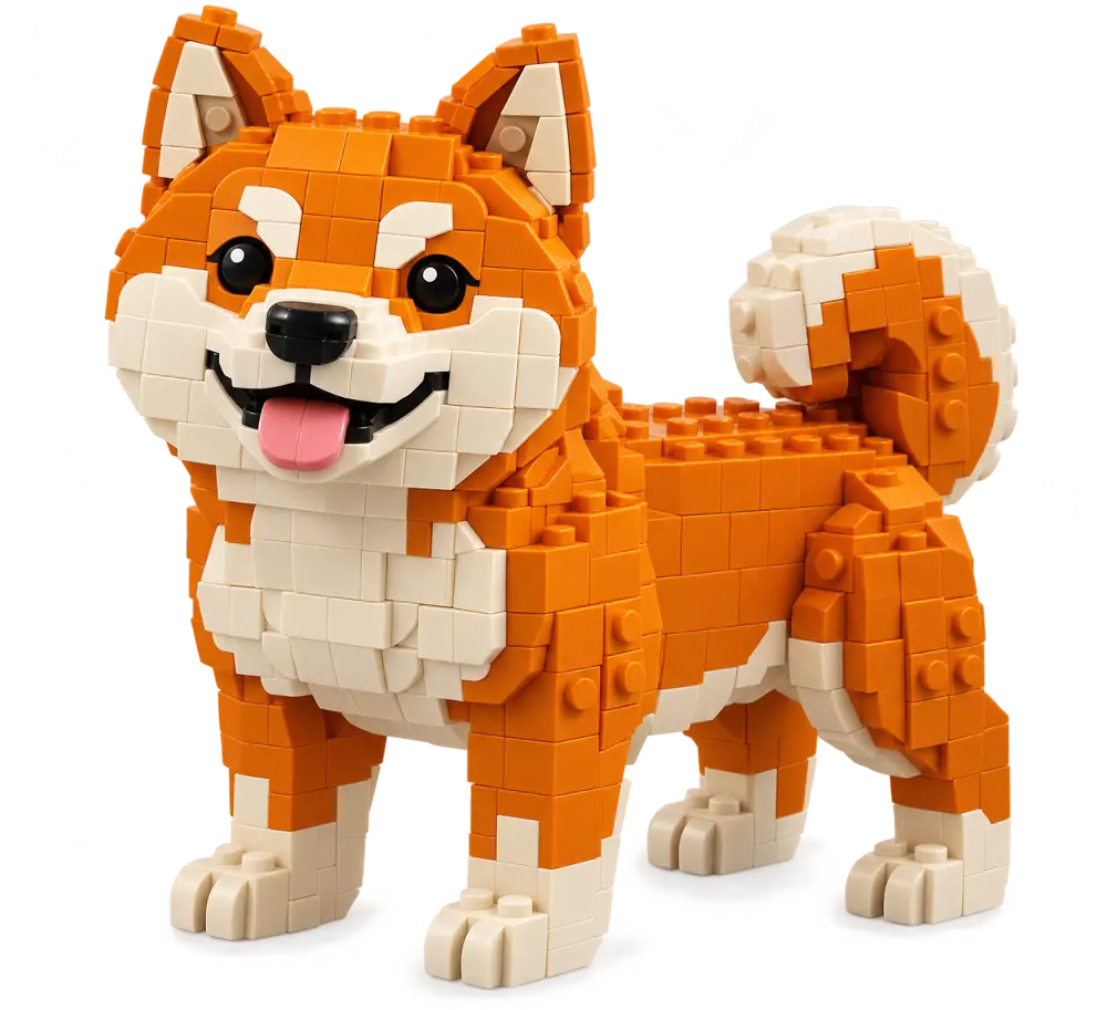 An orange and cream Shiba Inu built from toy bricks